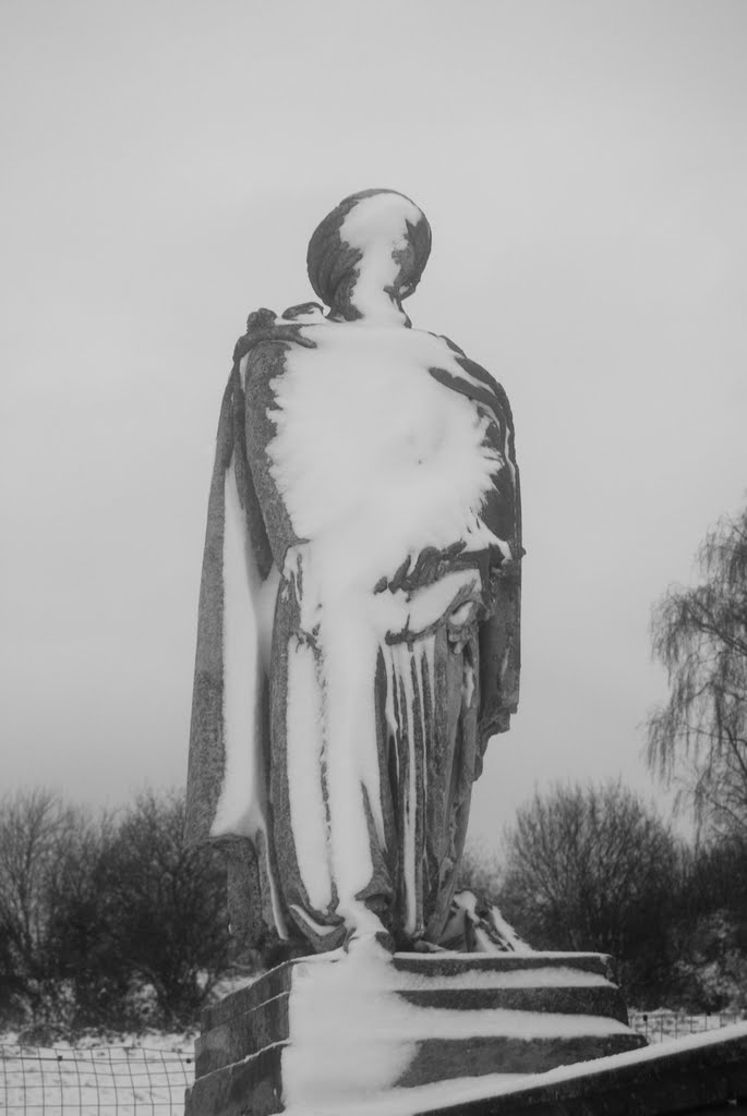 Snow-covered statue in Crystal Palace Park, London by JohnE G