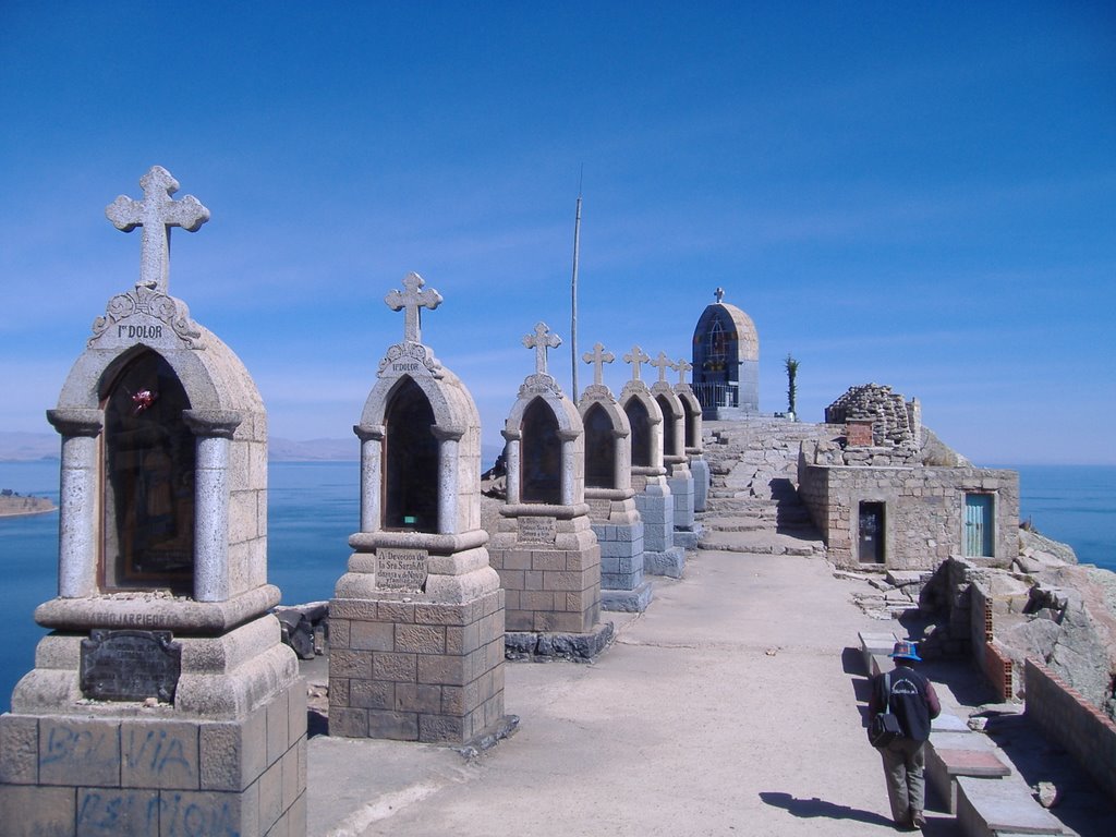 68 Shrines a top hill of Copabana with Lake Titicaca by PDemmy