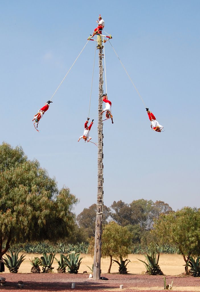 Flying men from a mast in an old religius tradition at the ancient Teotihuacan temple area near Mexico City by Mogens Teglhus Moell…