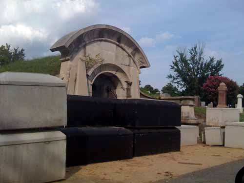 Looking NE at an Egyptian Revival Crypt with Strange Boxes in Front by curatorofshit