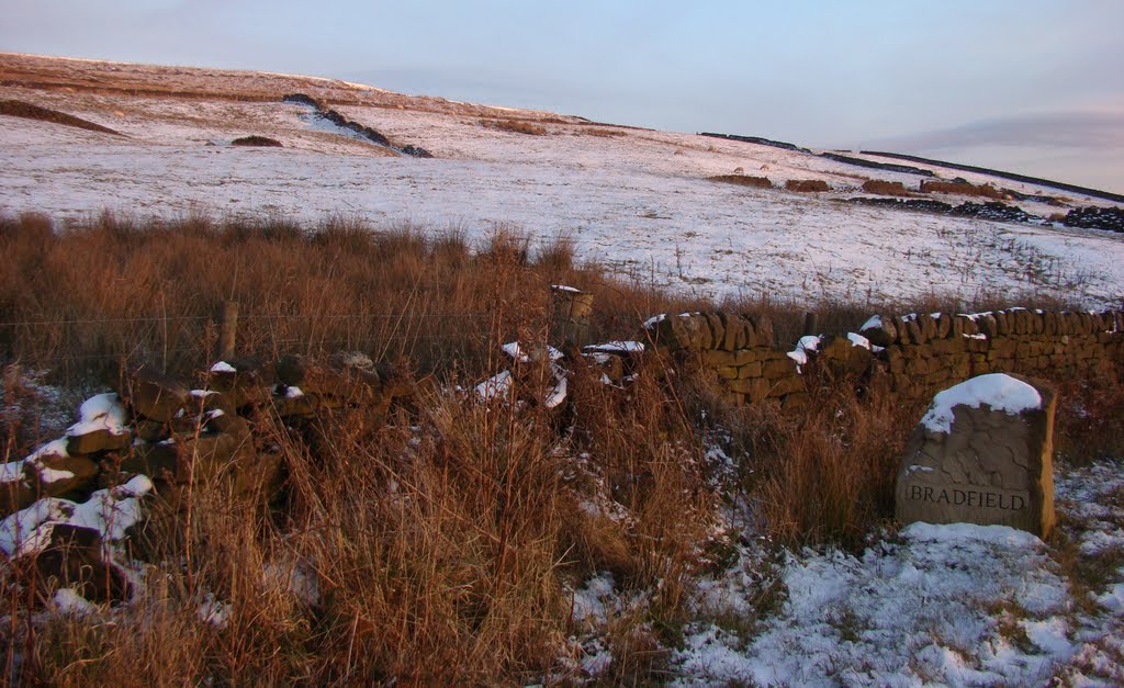 Bradfield sign and snowy fields off Brown House Lane at sun down 2, Sheffield S6 by sixxsix