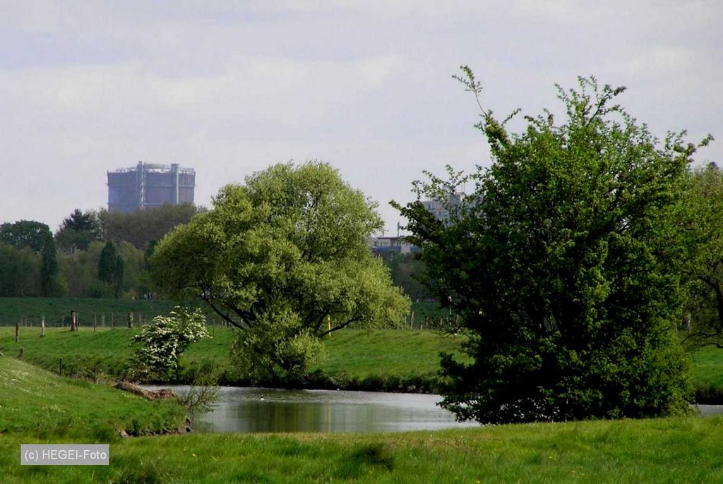 Teleaufnahme der Alstadener Ruhr mit Gasometer im Hintergrund by hegei