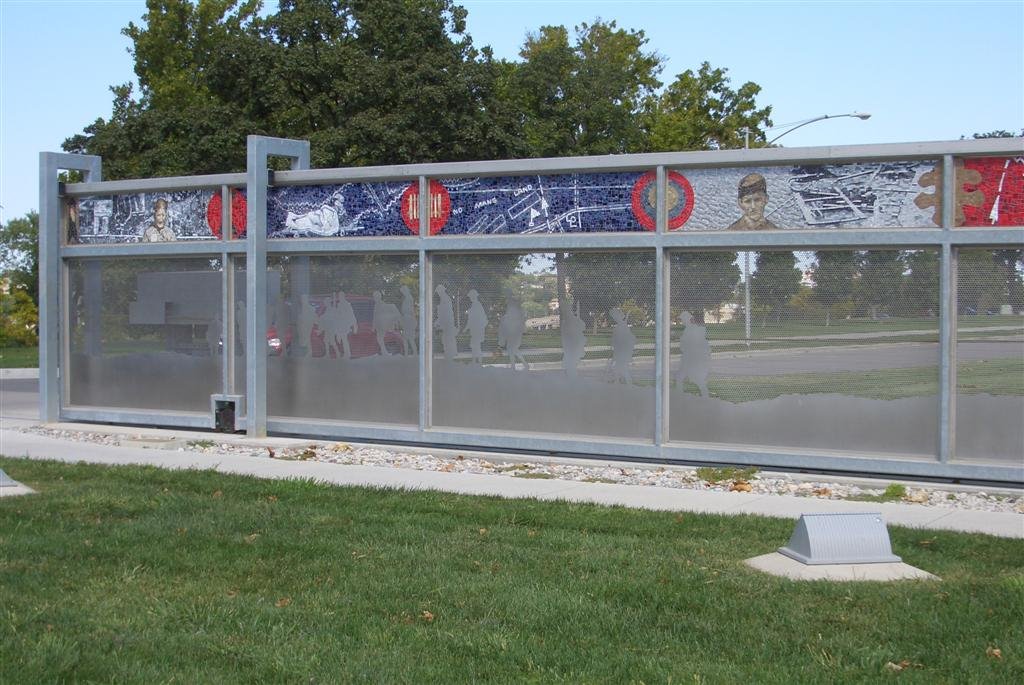 Pro Patria Mori - Liberty Memorial west drive gate (south side), fabricated metal & ceramic tile, open, Kansas City,MO by Maxine Arnoldy