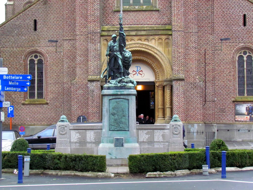 Belgium : Merelbeke War monument WO I& II Fallen soldiers and citizens of Merelbeke in front of church by tinawaldo