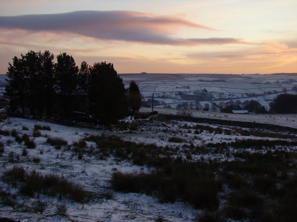 Sunset over snowy fields in Bradfield Dale 1, Sheffield S6 by sixxsix