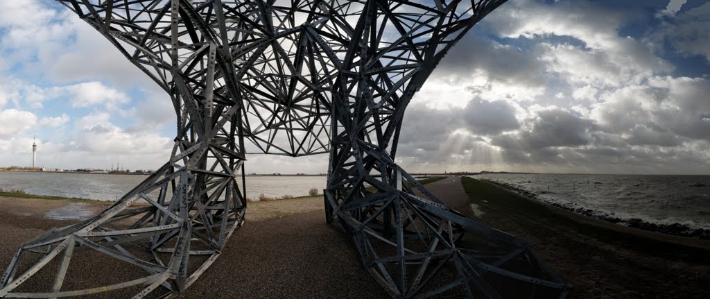 Lelystad - Houtribdijk - Exposure (of Crouching Man) 2010 by Antony Gormley - ICE Photocompilation Viewing from East to SW by txllxt TxllxT