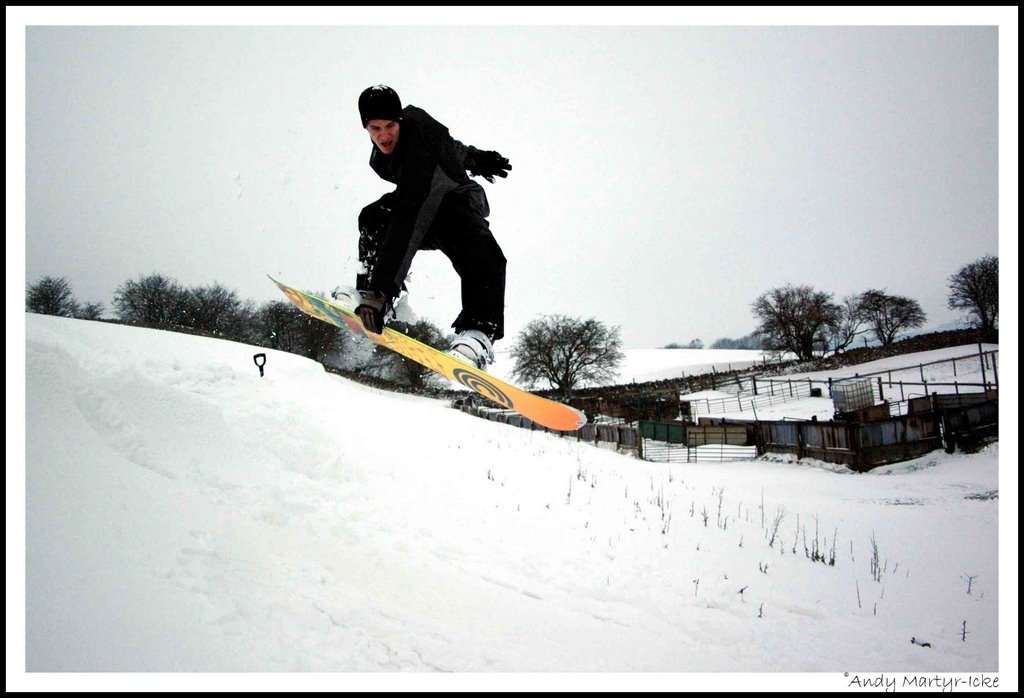 Rare bit of snowboarding on Fish Hill, Near Broadway by A.W.Martyr-Icke