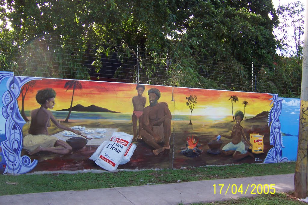 PNG MURALS on Concrete High Security Fence along Champion Parade in KONEDOBU area, on Goodman Fielder Flame Bakery Site, in Port Moresby, PNG, on 17-04-2005 by Peter John Tate,