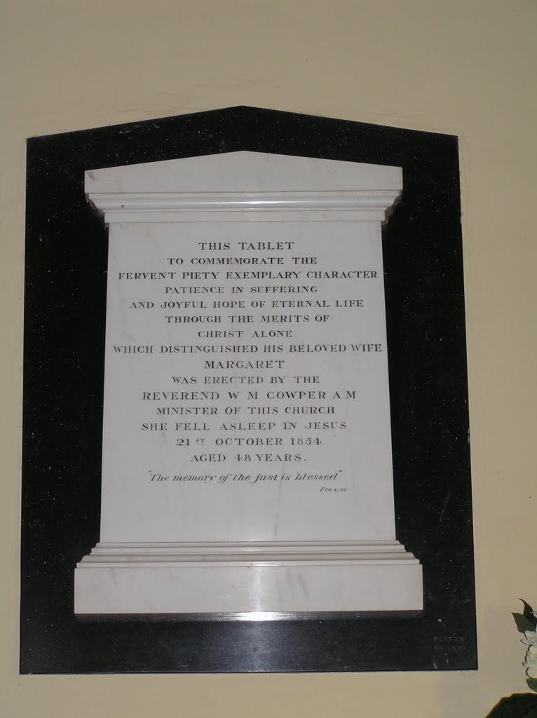 Commemorative tablet honouring Mary Cowper, d.1854, wife of Rev. W.M. Cowper (inside Church). by Peter Johnson