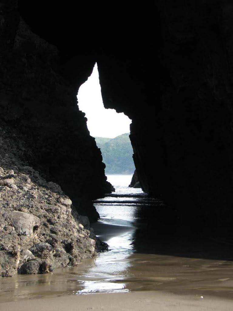 Archway hole-in-the-rock at low tide by NZ Frenzy Guidebook (North) www.NzFrenzy.com