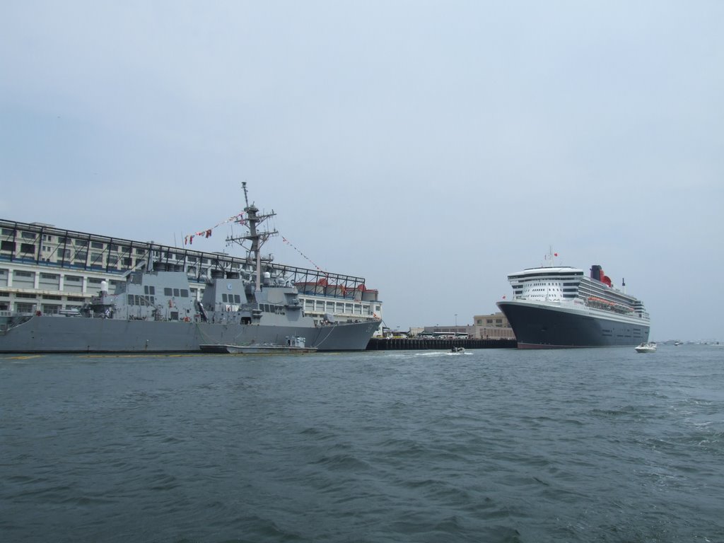 Black Falcon Pier - Cunard's QM-2 and Navy destroyer - Boston Harbor - Boston, MA, 7-4-2007 by John M Sullivan