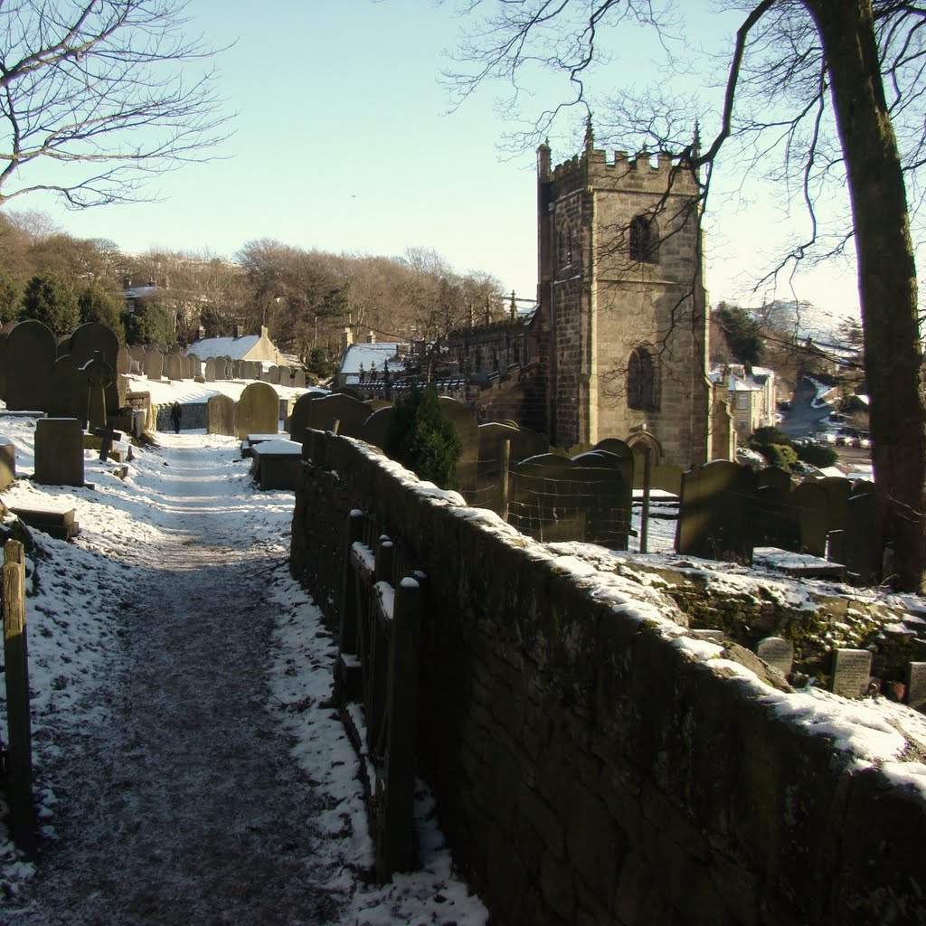 Snowy path through the graveyard looking towards St. Nicholas church, High Bradfield, Sheffield S6 by sixxsix