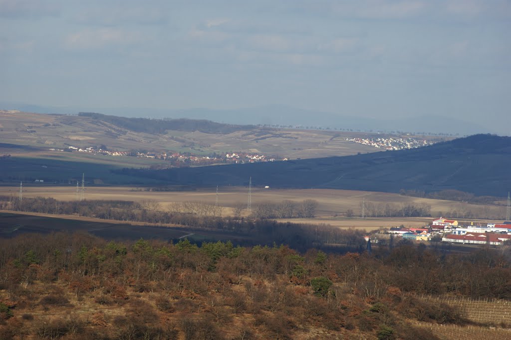 Aussicht vom 'Panoramablick' 4 : unten der Autobahnrasthof, oben Sankt Johann, links Gau Weinheim, im Hintergrund die Konturen des Feldbergs im Taunus by wolfbam