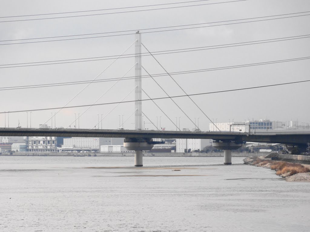 阪堺大橋 から、河口方向を眺めて..。(西向き)。大和川。阪神高速4号 湾岸線。 by bbmaru