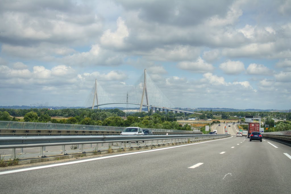 Distant view of Pont de Normandie bridge by Orion356