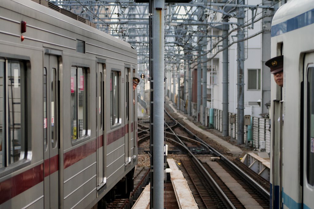 Duelling trains approaching Hikifune (377) by www.tokyoform.com