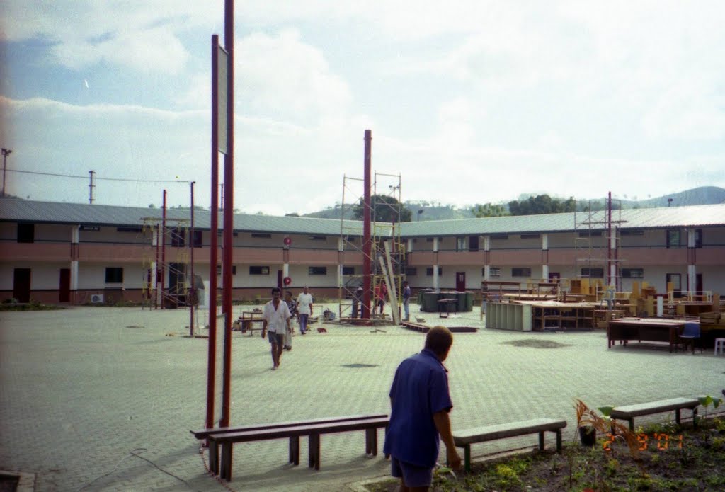 Inside Brick Paved Court Yard area of POM GRAMMER School, SAIL Shade area's being Prepared for Erection, in East BOROKO, Port Moresby, PNG, on 2-09-2001 by Peter John Tate,