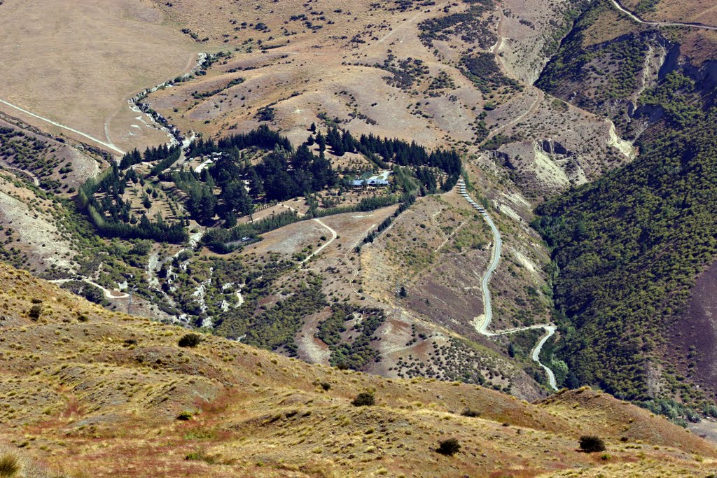 Crown Prince Range and the descent into Kawarau Valley, NZ (Summer View SW from saddle) by Ian Stehbens