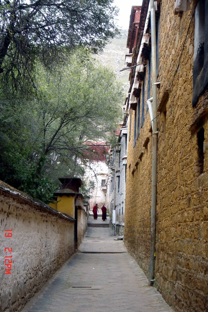 Monks walking in the narrow lane of Sera Temple.jpg by Hong Gang