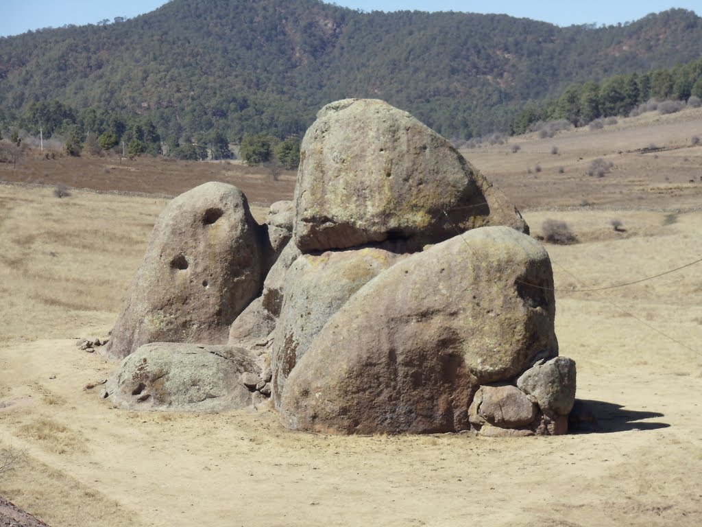 Las Piedras, at Tapalpa, Jalisco, Mx., Massive rock outcropping, you can just barely see a zip line, a suicide zip line by Peter H Orlick