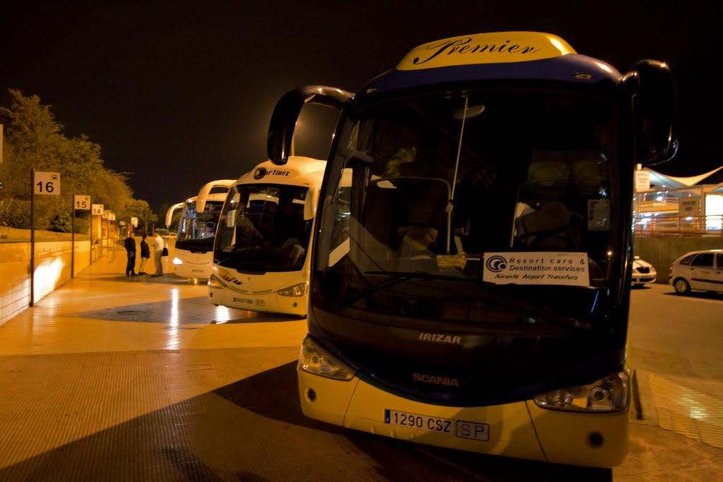 Bus rank outside Arrivals Hall, Terminal 1, Alicante Airport, Spain by David Ian Wilson