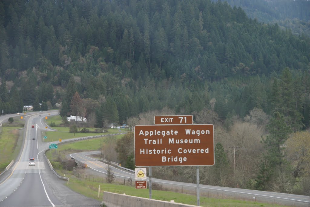 Exit to Graves Creek covered bridge on I-5 south by Susan Stienstra