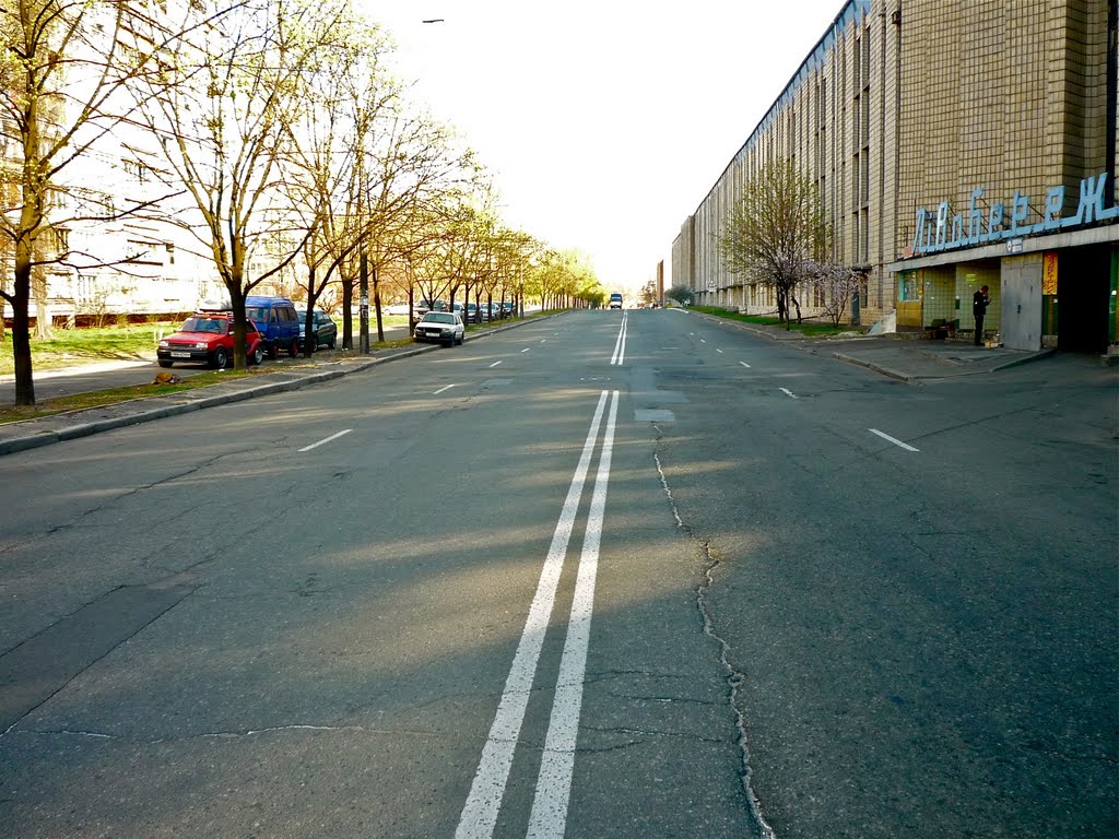 In the middle of the road. Inconspicuous street named Chelyabins`ka, after some city in Russia. To the left is a multistoried cooperative garage LIVOBEREZHNYI, built in the period of the USSR. by VLAD