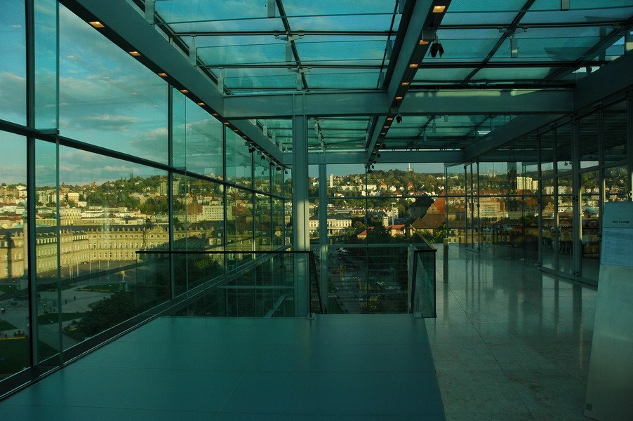 Stuttgart skyline seen through the window of Kunstmuseum Stuttgart by Jusup Sukatendel