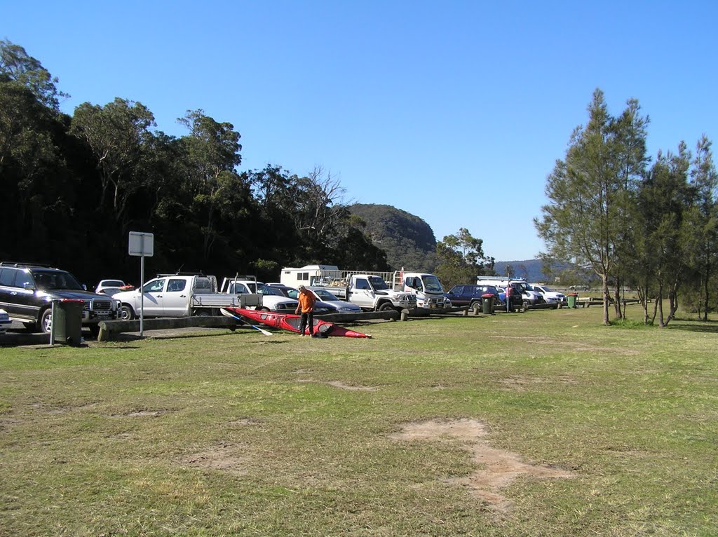 Car park at Deerubbun Reserve NSW on Mooney Mooney Point, with its rough-as- guts 'bitchumen' (as at May 2011) by Peter Johnson