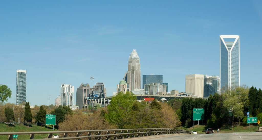 City of Charlotte (facing south from HWY 74 Wilkinson Blvd with The Vue Condos, far left, Bank of America, center, and Duke Energy Center, far right) by simpsonmaps