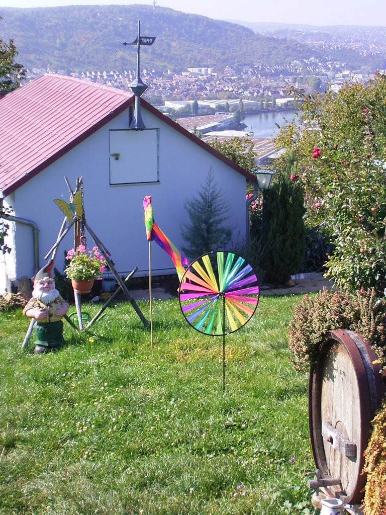 Gartenzwerg und Windrad über dem Neckar by gpermant