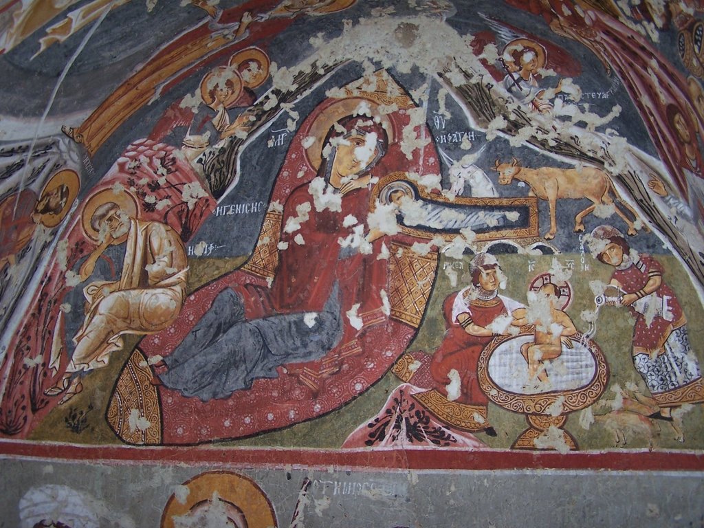 Fresco of Mother of God, Sandals Church, Göreme, Turkey by Miša M.