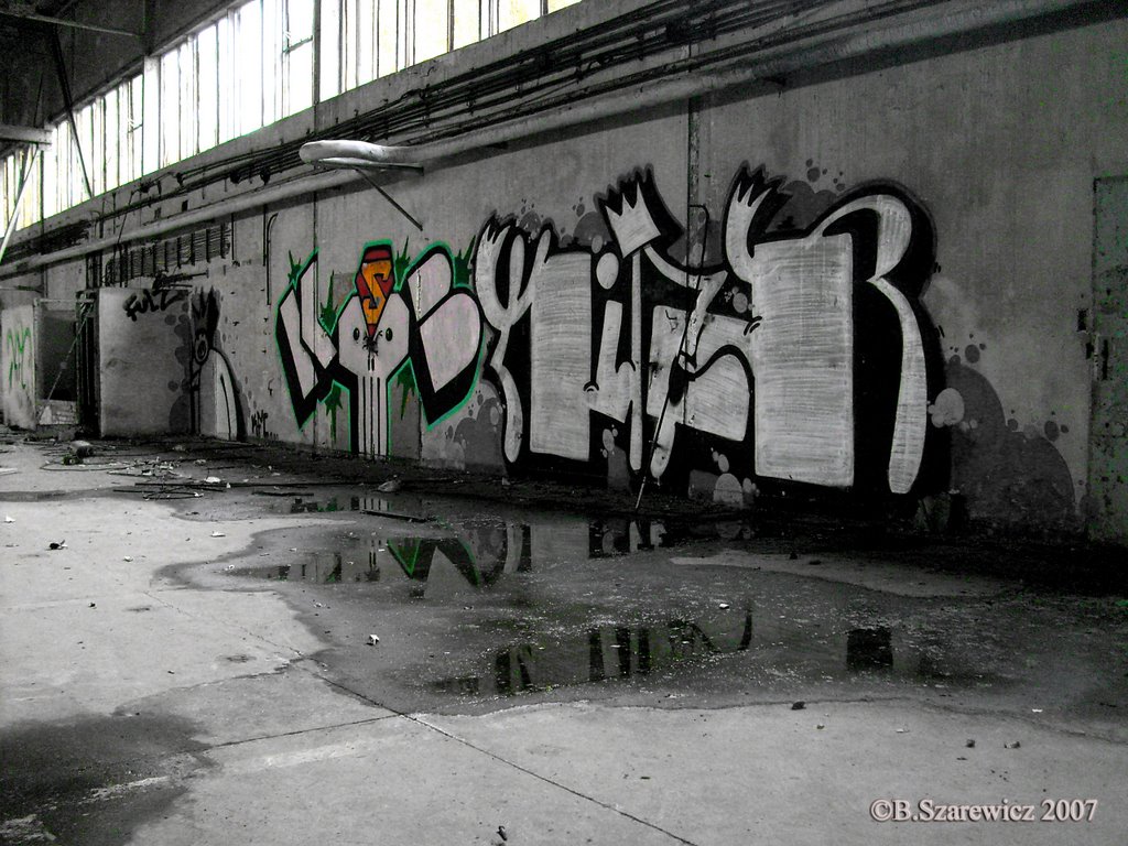 Graffiti inside abandoned hangar on Bemowo by Bartosh Posh