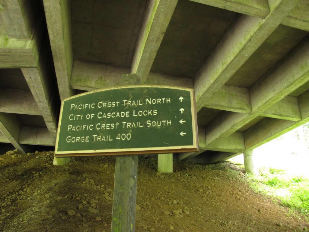 PCT sign under I-84 overpass bridge by Curious Gorge Guidebook