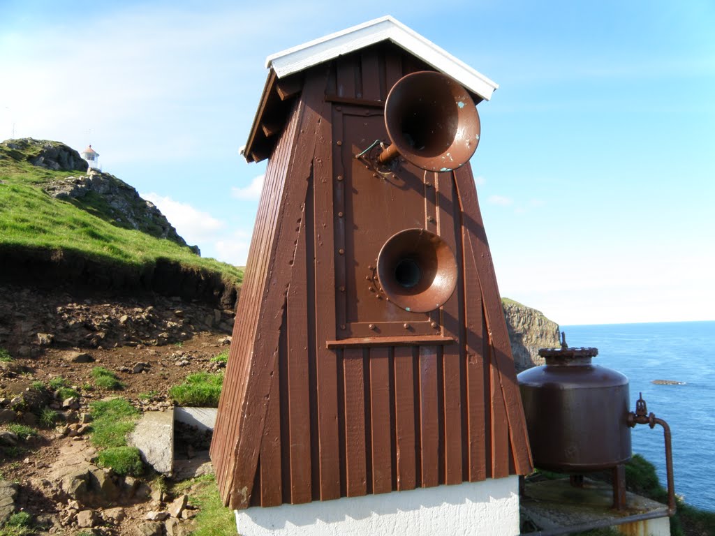 The Foghorn in Akraberg, The Top of the Lighthouse in the Background by Eileen Sandá