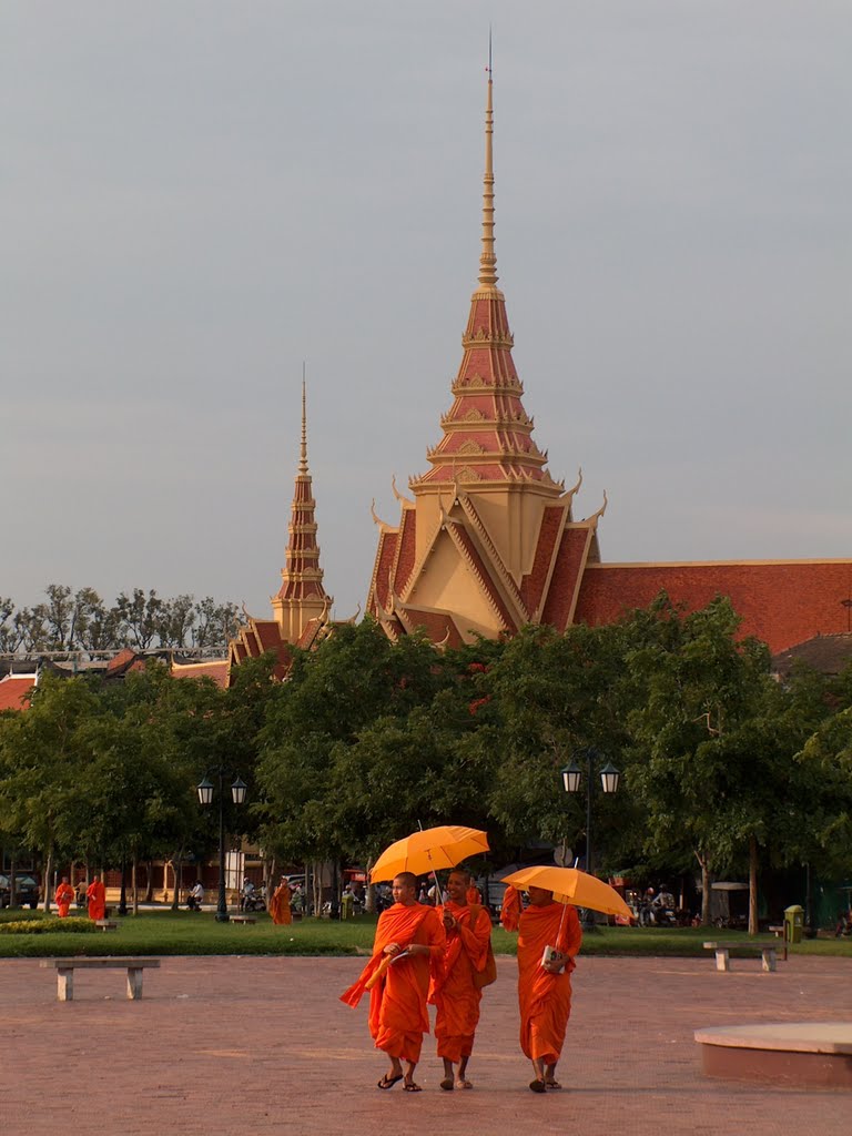 Monks strolling in Wat Bottom Park, Phnom Penh by Neil in Sheffield UK