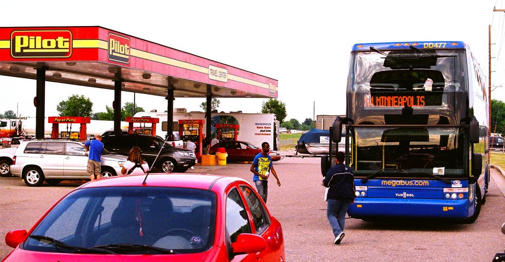 US version of Megabus stopping in Mauston Wisconsin on the route between Minneapolis and Chicago by global_ant0n1us