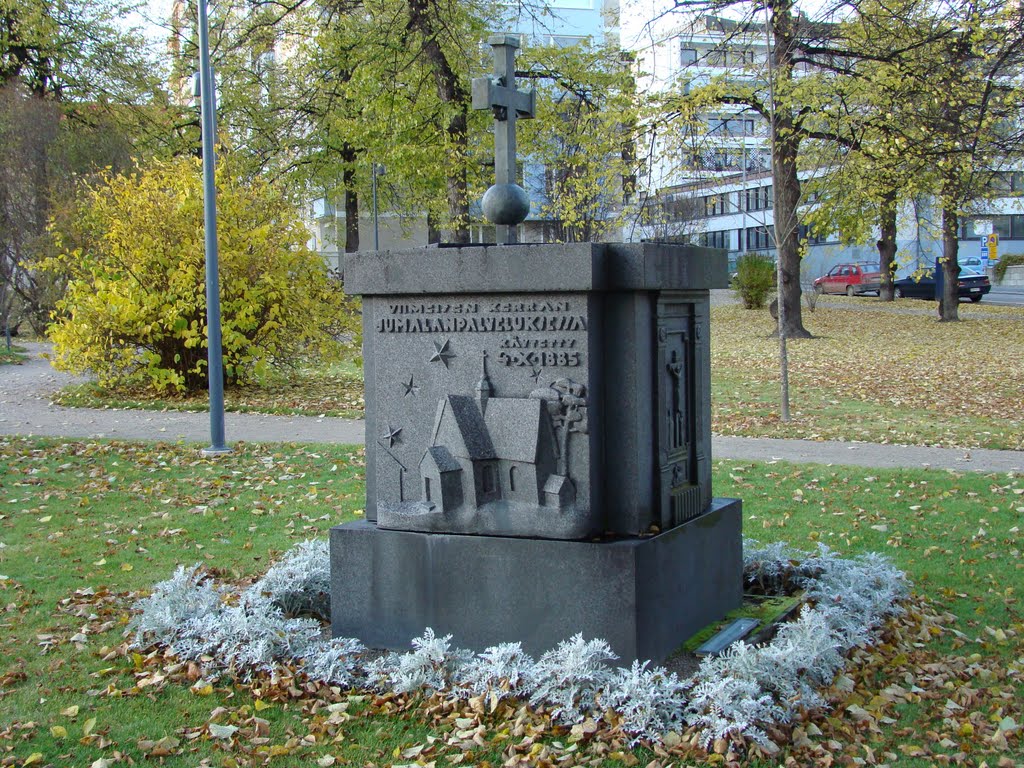 Memorial in Cygnaeus Park marking the site of a wooden church that once stood here by PlamenB