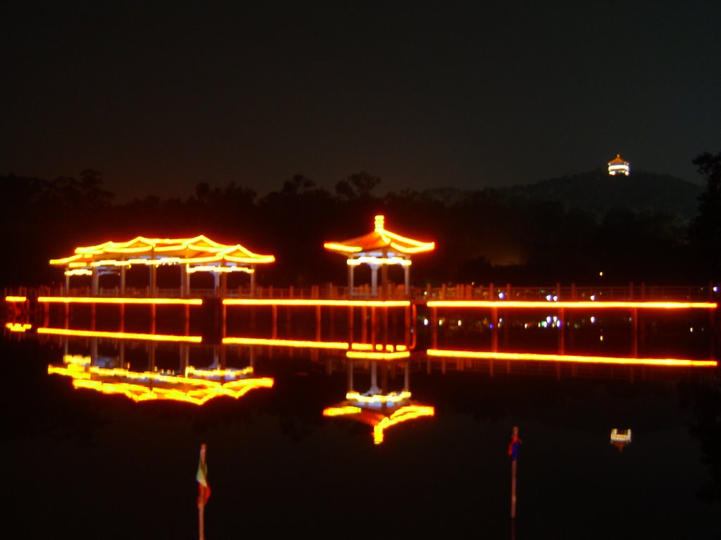 Luhu Park - Bridge over Luhu Lake at night from Luming restaurant by aratin