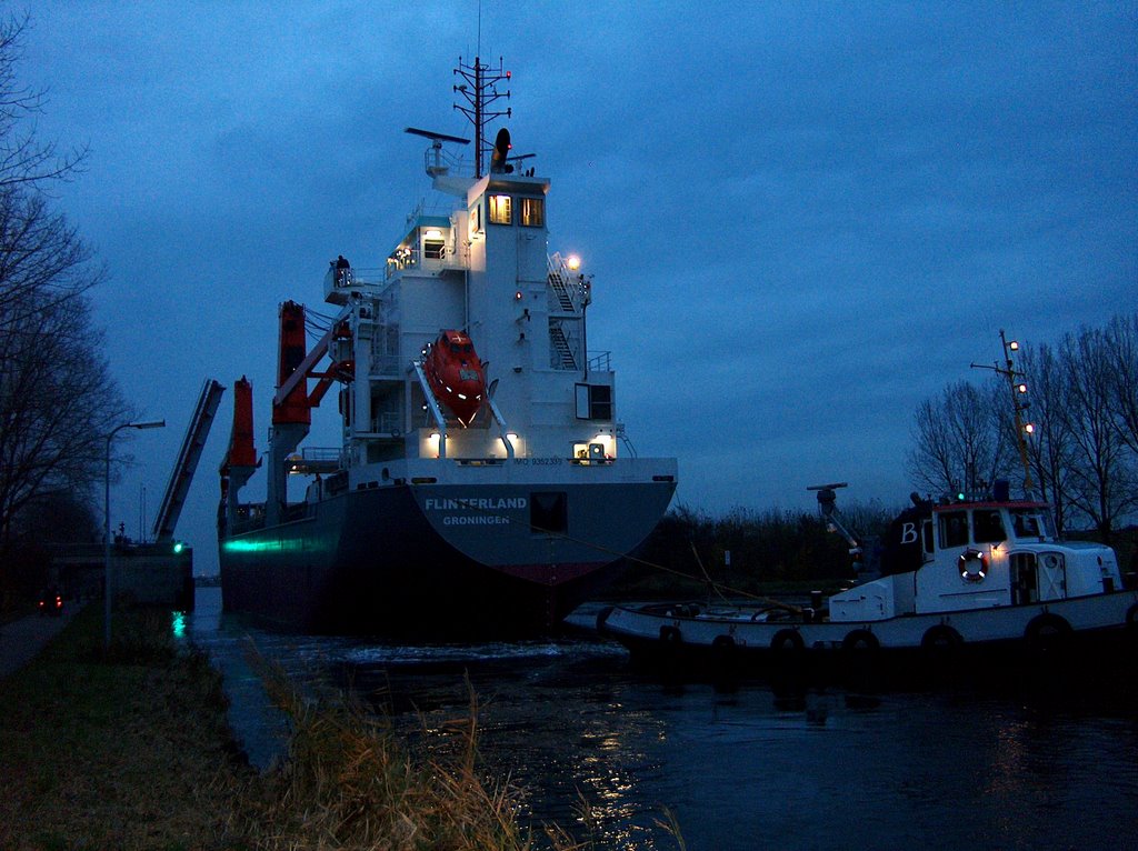 Newbuild cargo ship towed through the Emscanal to Delfzijl by Tjeert.Mensinga ©