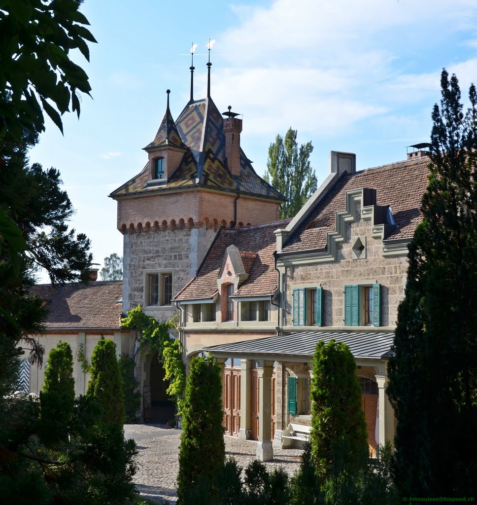 Oberhofen Castle at Lake Thun - entrance buildings by kurt.fotosuisse