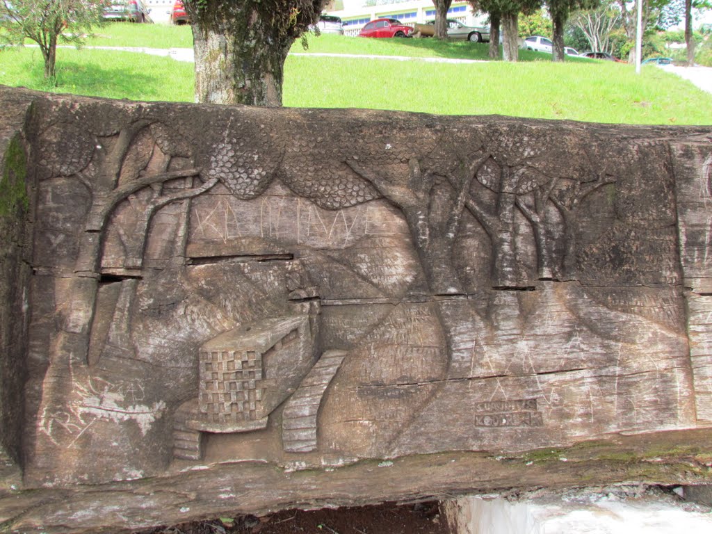 Um dos entalhes no monumento na entrada da Paróquia São Miguel em São Miguel do Iguaçu, PR. by Ricardo Mercadante