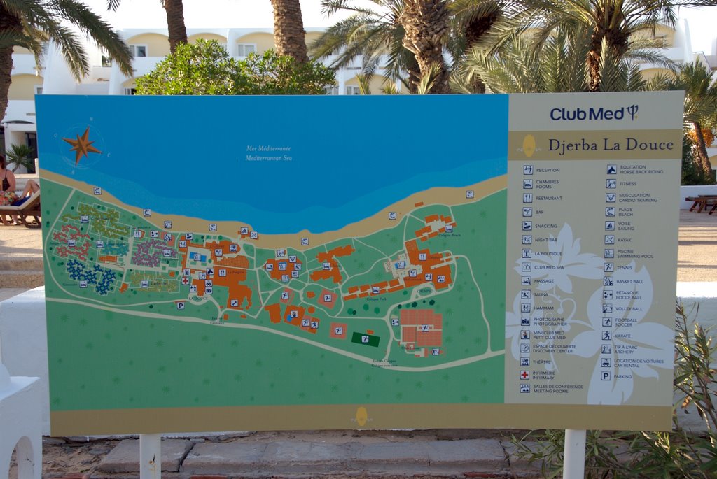 Tunisia, Djerba, map of La Douce Club Med resor by Pierre Marchand