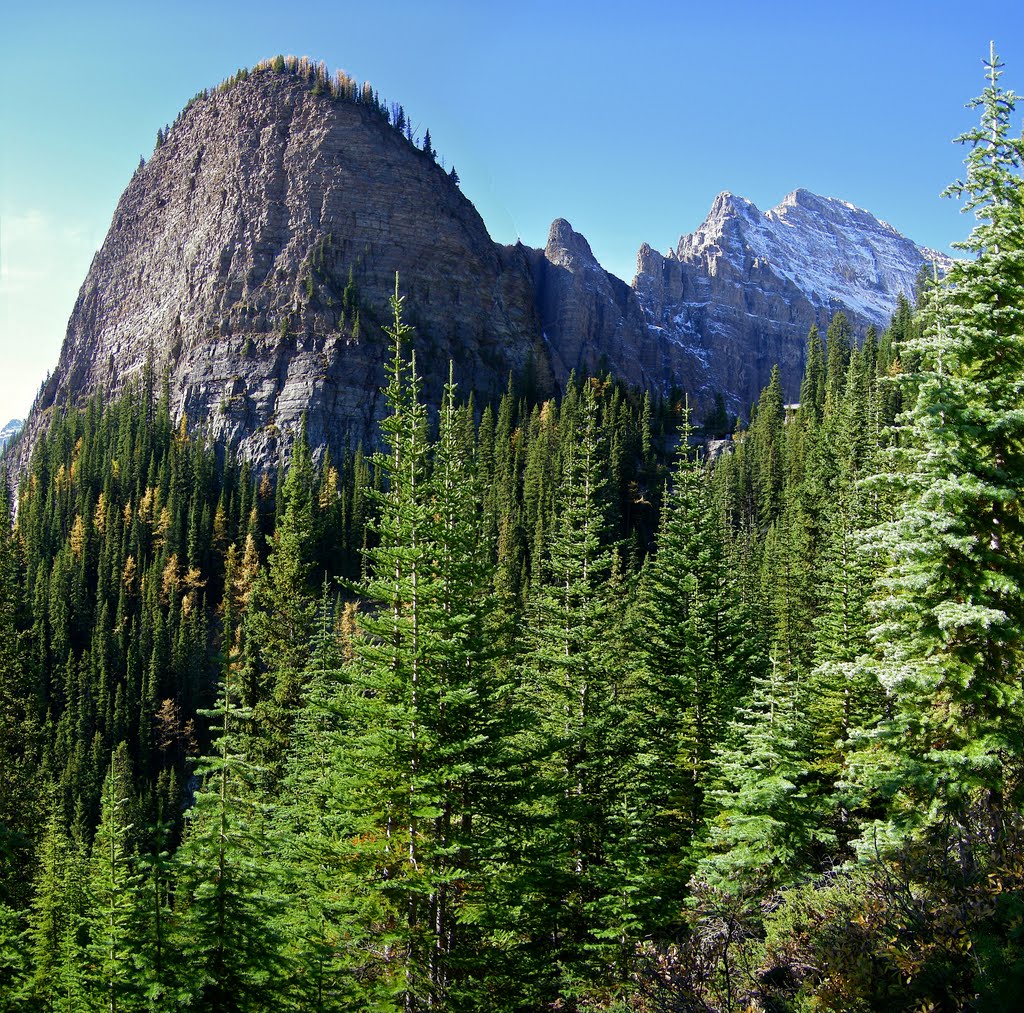 The Lake Agnes Teahouse (right of centre) below Big Beehive and Mount Whyte by M Delong