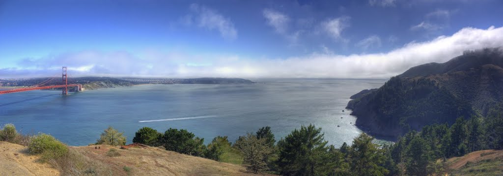 Mouth of San Francisco Bay from Marin Headlands, with fog visible on right by John Elliott