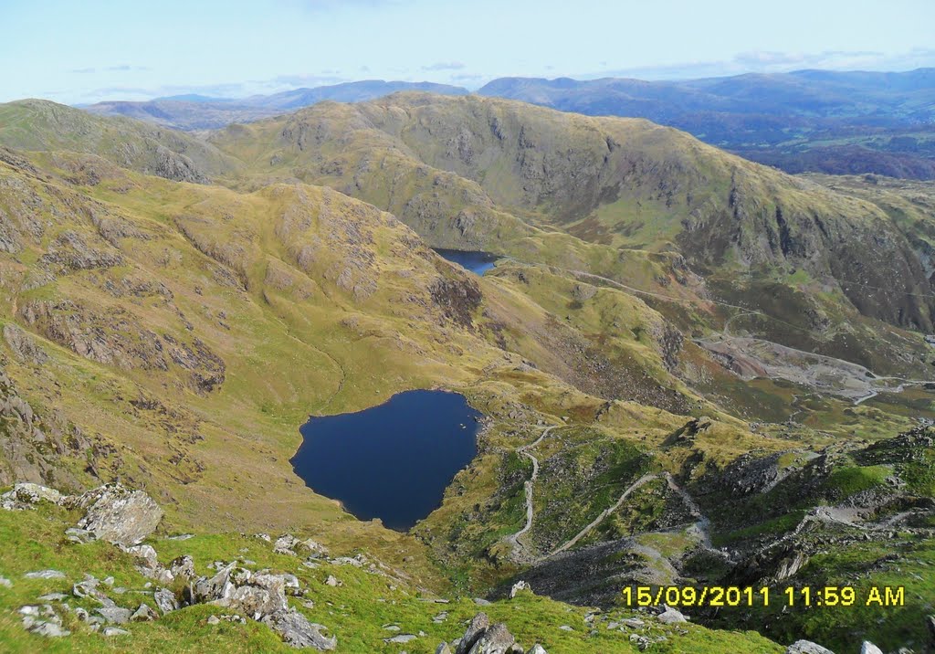 View from the summit of the Old Man of Coniston showing Low Water, part of Levers Water, the coppermines and the track to the summit. by Boro290204