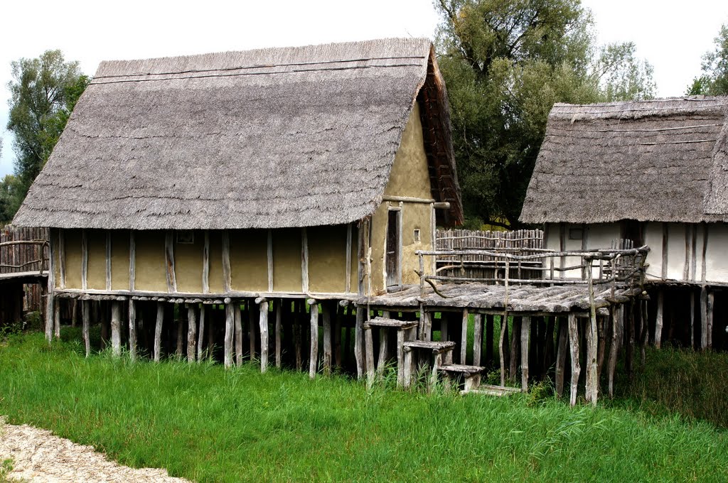 Pfahlbauten mit Lehmfachwerk, Terrasse und Abgang by wolfbam