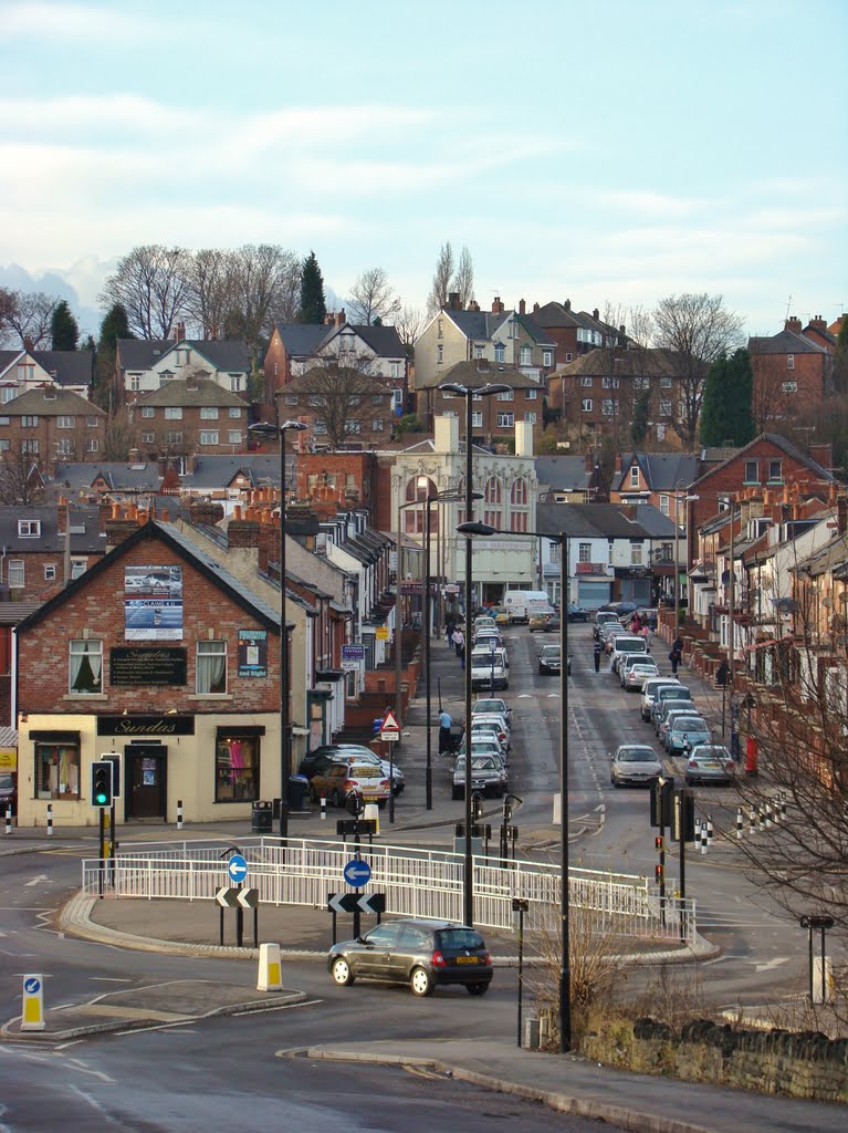 Looking down Rushby Street towards Owler Lane roundabout and Page Hall Road, Fir Vale, Sheffield, S4 by sixxsix