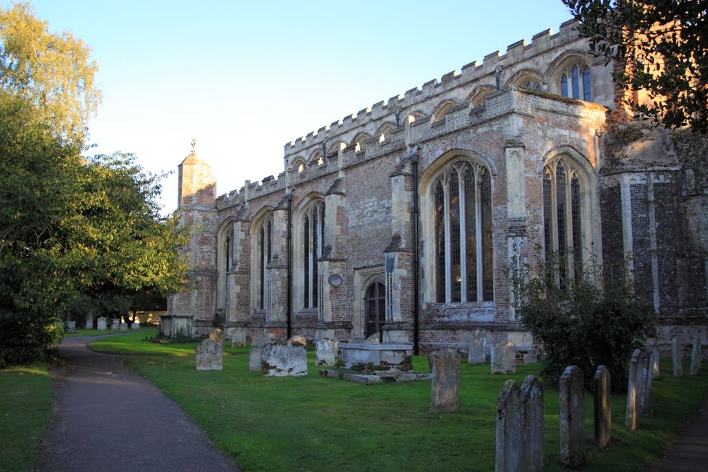 St. Mary's Church East Bergholt, path round to its famous bell cage, Oct 2011 by keithb