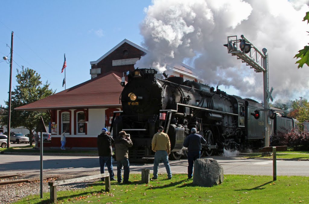 NKP 765 passing Cadillac, MI train station, October 2011 by archlapeer